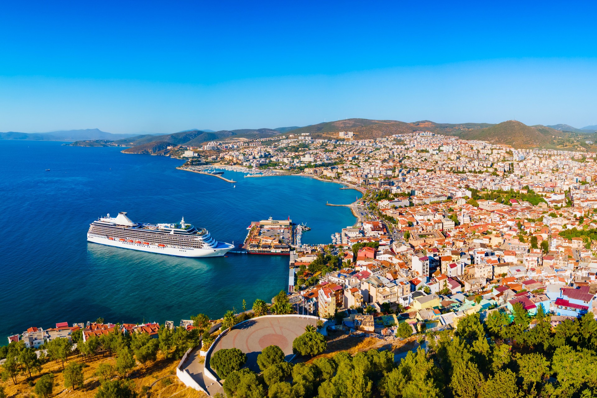 Kusadasi city aerial panoramic view in Aydin Province, Turkey